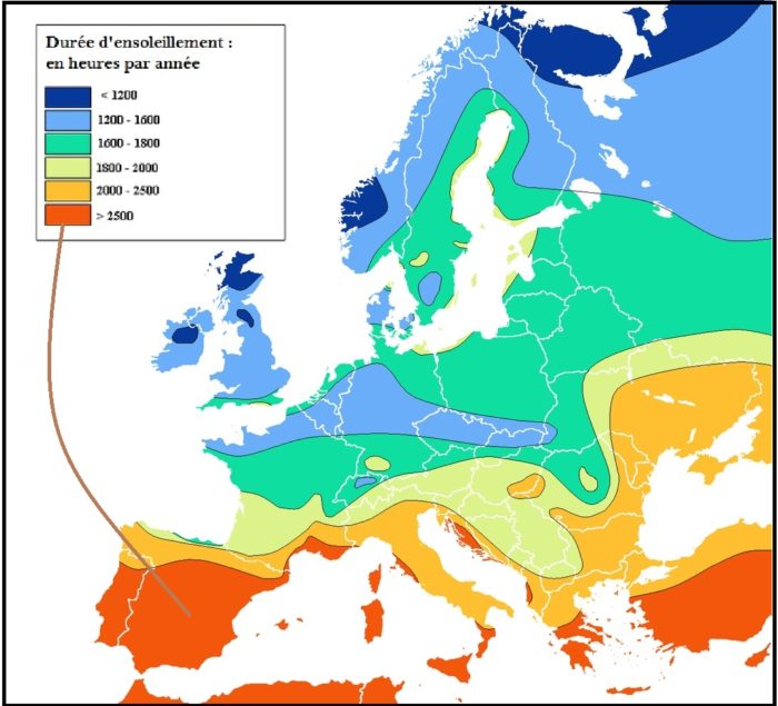 carte ensoleillement Europe immobilier espagne