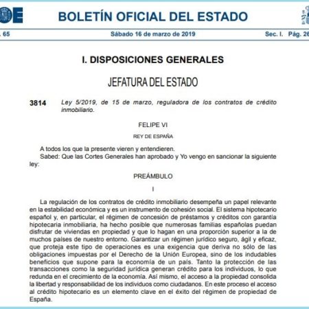 BOE-A-2019-3814 Ley 52019, de 15 de marzo de 2019 Loi hypothèques acheter immobilier espagne