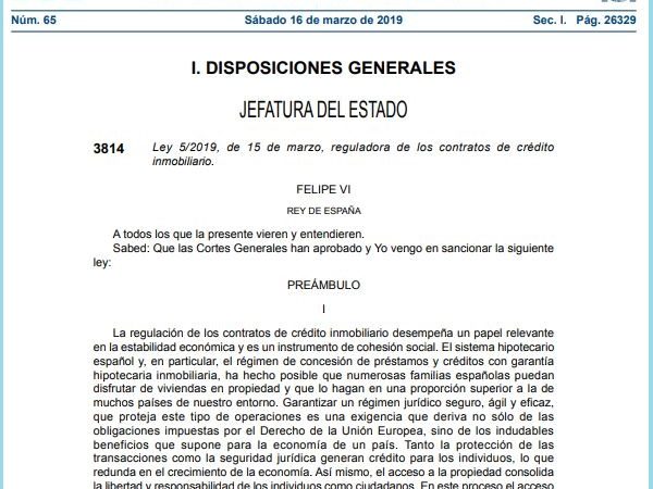 BOE-A-2019-3814 Ley 52019, de 15 de marzo de 2019 Loi hypothèques acheter immobilier espagne
