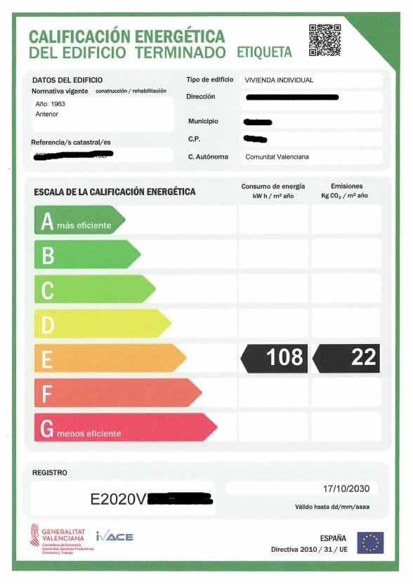 certificado energetico exemple Diagnostic de Performance Énergétique acheter immobilier en Espagne
